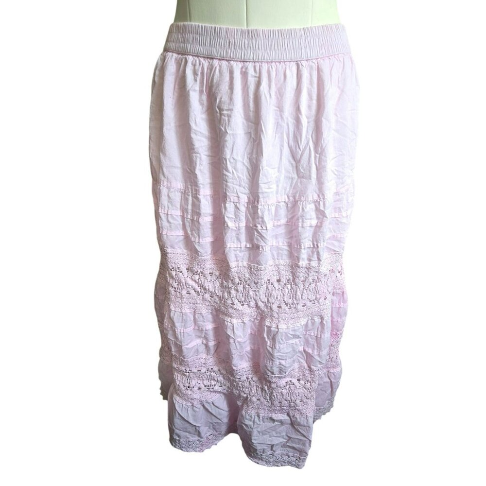 St. Johns Bay Womens Pink Maxi Skirt Size M Cotton Crochet Elastic Waist JJ4021